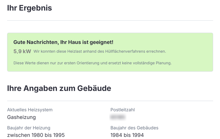 Beispiel einer Auswertung: Gute Nachrichten, Ihr Haus ist geeignet – Heizlast 5,9 kW